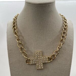 Christian Religious Chunky Cross Necklace White Stone Gold Tone Quality Sz 19”